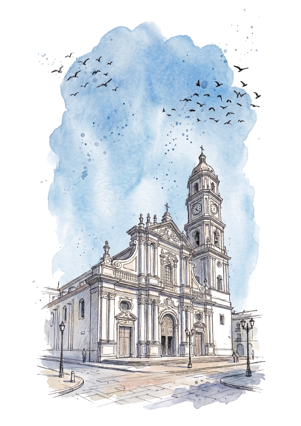 Watercolour-style illustration of a large white cathedral in Caracas, Venezuela with a tall bell tower, shown with a blue sky, flying birds, and a pale street in the foreground on a white background.