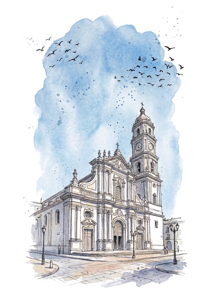 Watercolour-style illustration of a large white cathedral in Caracas, Venezuela with a tall bell tower, shown with a blue sky, flying birds, and a pale street in the foreground on a white background.
