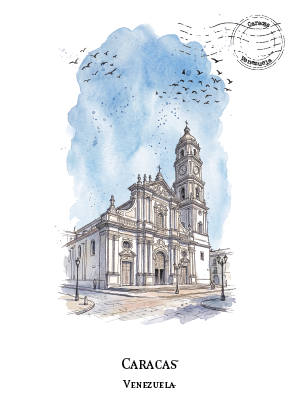 A watercolour and ink illustration of a cathedral in Caracas, Venezuela, with a blue sky, birds, and a circular postmark graphic. The text 'CARACAS VENEZUELA' appears below the artwork on a white background.