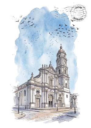 Watercolour and ink illustration on a postcard of a historic Cathedral in Caracas with a tall bell tower, set against a white background with a blue watercolor cloud shape behind it. Small birds are depicted flying in the upper area, and a circular postmark graphic appears in the top right corner.
