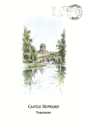 A watercolour-style printed illustration of Castle Howard in Yorkshire, showing a stone bridge over reflective water with trees on both sides and a circular postmark graphic near the top right. The text 'CASTLE HOWARD' and 'YORKSHIRE' appears at the bottom.