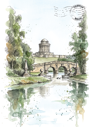 Watercolour and ink-style artwork of  Castle Howard and a park scene with trees, a stone bridge over reflective water, and a domed classical building in the background, with a postage stamp motif in the upper right.