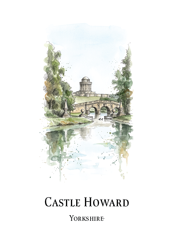 A watercolour-style print featuring Castle Howard in Yorkshire, with a painted bridge, trees, and reflection over calm water, plus the text 'CASTLE HOWARD' and 'YORKSHIRE' below on a white background.