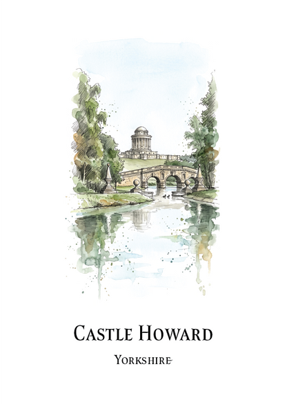 A watercolour-style print featuring Castle Howard in Yorkshire, with a painted bridge, trees, and reflection over calm water, plus the text 'CASTLE HOWARD' and 'YORKSHIRE' below on a white background.