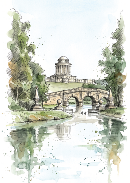 Watercolour and ink sketch of a Castle Howard and a classical stone bridge over a reflective river, with a domed monument on a hill in the background and tall trees on both sides.