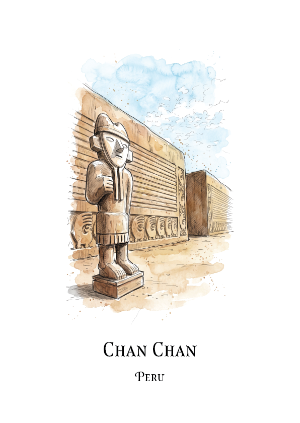 A travel art print featuring a hand-drawn illustration of the Chan Chan platform tombs in Peru, with a detailed Quechua-style statue in the foreground. The print is titled 'CHAN CHAN' and labeled 'PERU' at the bottom, set against a clean white background.
