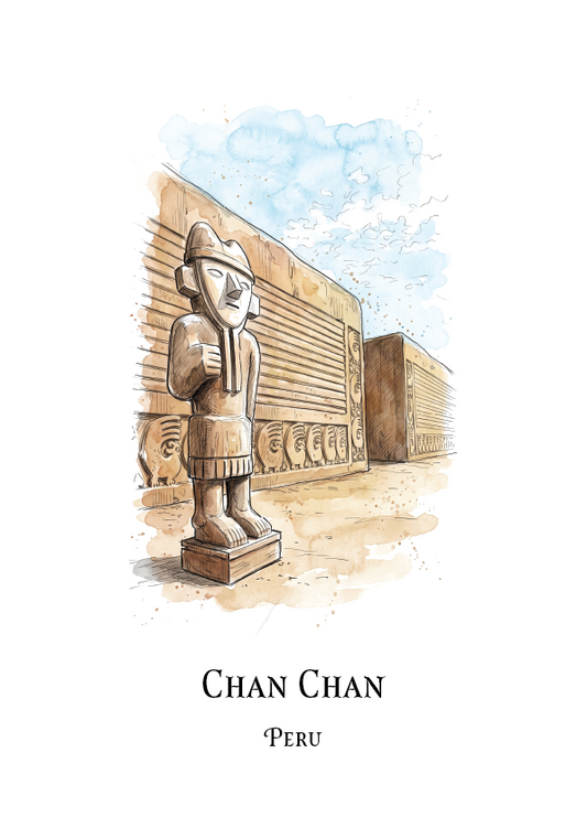 A travel art print featuring a hand-drawn illustration of the Chan Chan platform tombs in Peru, with a detailed Quechua-style statue in the foreground. The print is titled 'CHAN CHAN' and labeled 'PERU' at the bottom, set against a clean white background.