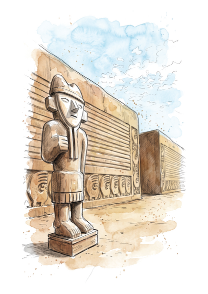 A travel art print featuring a hand-drawn illustration of the Chan Chan platform tombs in Peru, with a detailed Quechua-style statue in the foreground with a sandy ground, and a blue sky in the background.