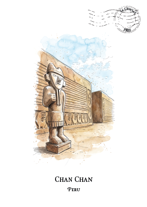 A watercolour-style travel illustration of a stone statue in Chan Chan, Peru, with a postmark in the upper right and the text 'CHAN CHAN PERU' at the bottom on a white background.