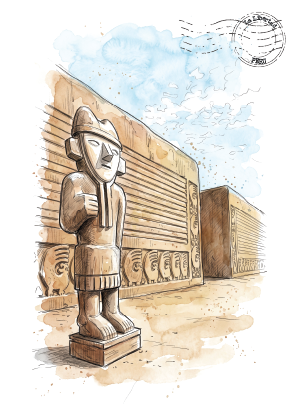 A hand-drawn watercolour-style travel illustration of a stone statue in Chan Chan, Peru, rendered in warm tan and brown tones with light blue sky accents ,with a postmark in the upper right and a postage-style stamp graphic in the upper right.