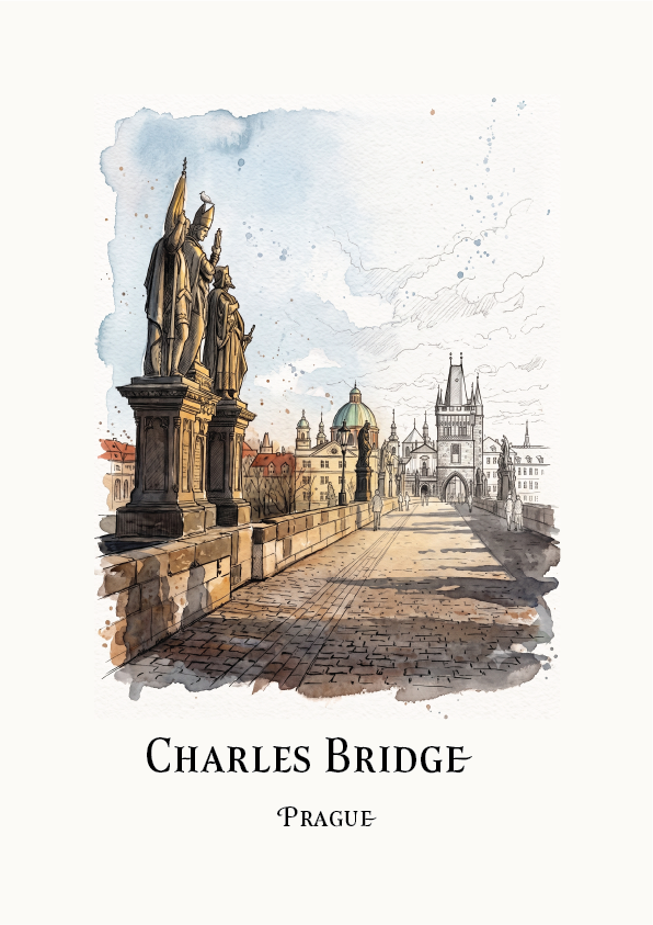 Watercolour-style travel art print of Charles Bridge in Prague, showing stone statues, a cobblestone path, and historic buildings under a pale sky, with the text 'CHARLES BRIDGE' and 'PRAGUE' below on an off-white background.