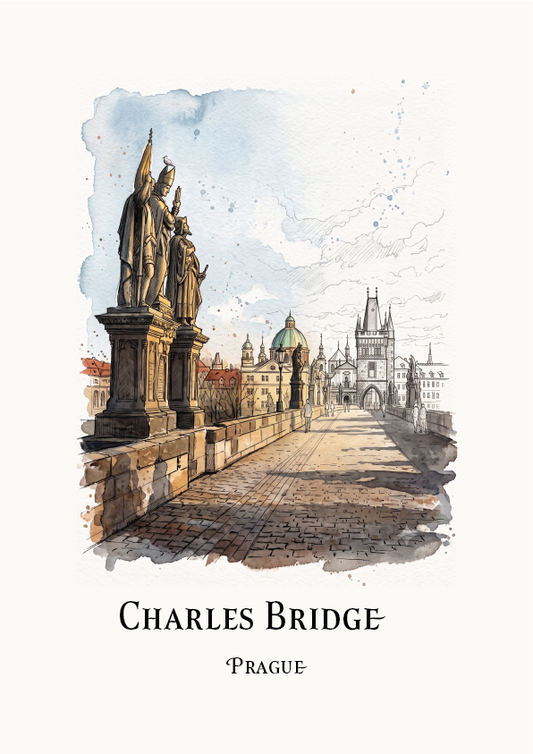 Watercolour-style travel art print of Charles Bridge in Prague, showing stone statues, a cobblestone path, and historic buildings under a pale sky, with the text 'CHARLES BRIDGE' and 'PRAGUE' below on an off-white background.