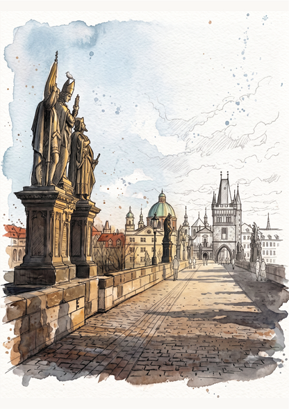 Watercolour and ink sketch of the Charles Bridge in Prague, featuring stone statues on the left, a cobblestone path leading into the distance, and historic buildings and domes under a pale sky.