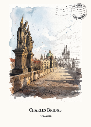 Watercolour-style travel illustration postcard of Charles Bridge in Prague, showing the stone bridge, statues, and distant cathedral under a pale sky, with the text 'CHARLES BRIDGE' and 'PRAGUE' below.