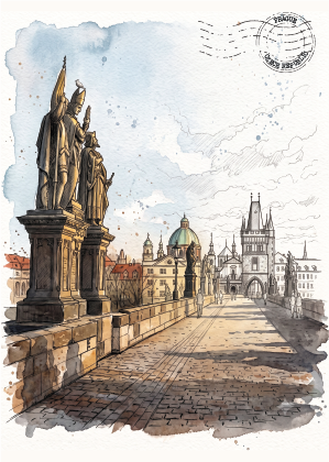 Watercolour and ink illustration postcard of the Charles Bridge in Prague, featuring the stone statues on the left, the cobblestone path leading toward the bridge's end, and the Charles Bridge Tower in the distance under a cloudy sky.