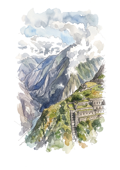 Watercolour-style illustration of a Choquequirao mountain landscape with steep peaks, clouds, and a terraced stone structure on a green hillside, shown on a white background.