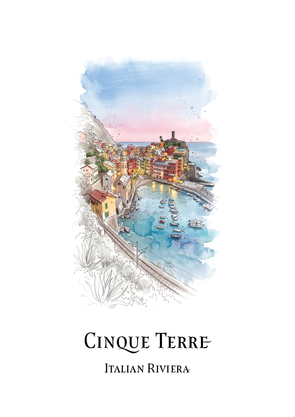 A travel art print featuring a watercolour illustration of the Cinque Terre Italian Riviera, with the text 'CINQUE TERRE' and 'ITALIAN RIVIERA' printed below on a white background.