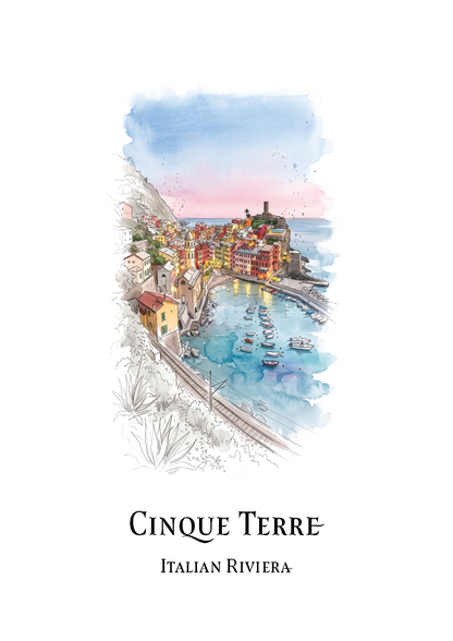 A travel art print featuring a watercolour illustration of the Cinque Terre Italian Riviera, with the text 'CINQUE TERRE' and 'ITALIAN RIVIERA' printed below on a white background.