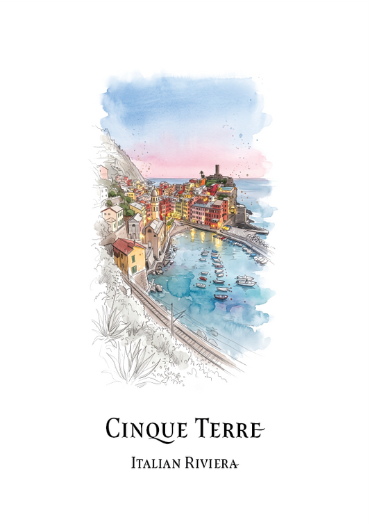 A travel art print featuring a watercolour illustration of the Cinque Terre Italian Riviera, with the text 'CINQUE TERRE' and 'ITALIAN RIVIERA' printed below on a white background.