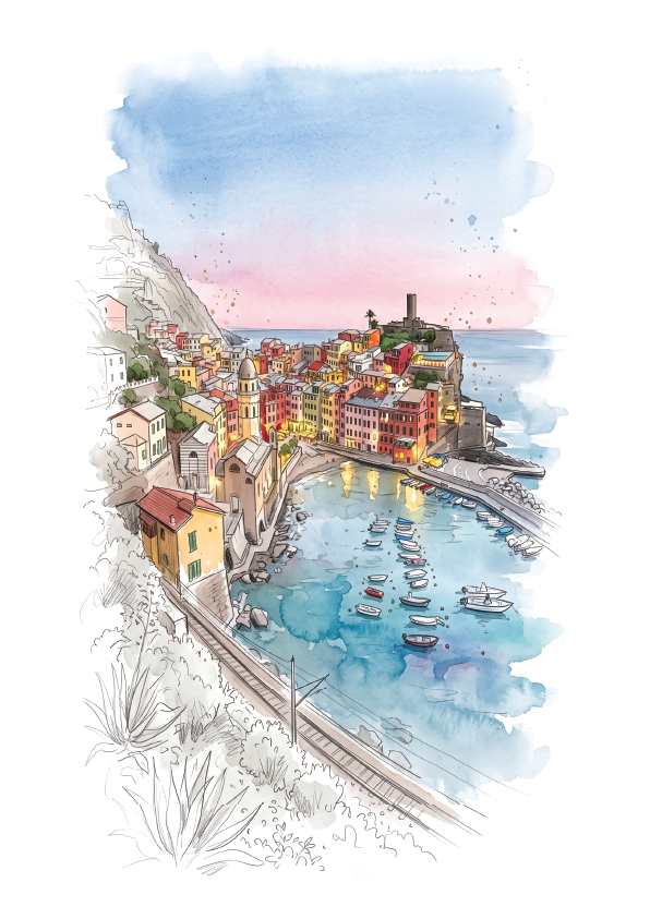 Watercolour and ink illustration of a coastal scene, Cinque Terre, Italian Riviera with colourful buildings, a harbour filled with small boats, and a blue-to-pink sky.