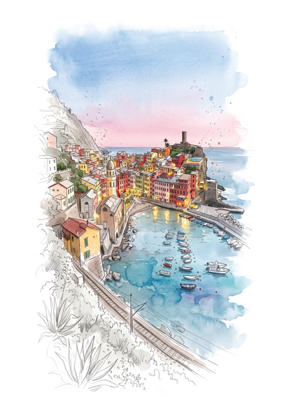Watercolour and ink illustration of a coastal scene, Cinque Terre, Italian Riviera with colourful buildings, a harbour filled with small boats, and a blue-to-pink sky.