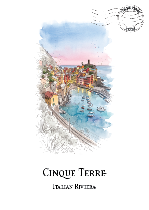 A watercolour-style travel postcard featuring a coastal Italian harbour town with colourful buildings, boats, and a blue sea under a pink sky. The text 'CINQUE TERRE' and 'Italian Riviera' appears below the artwork, with a circular postmark graphic near the top right.