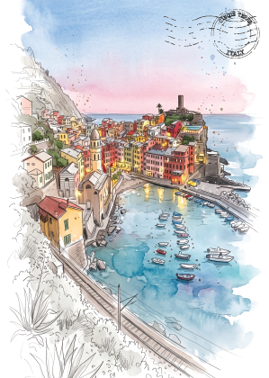 Watercolour-style illustration of a coastal hillside village with colourful buildings, a harbor filled with boats, and a pale blue sky with a postmark graphic. Cinque Terre