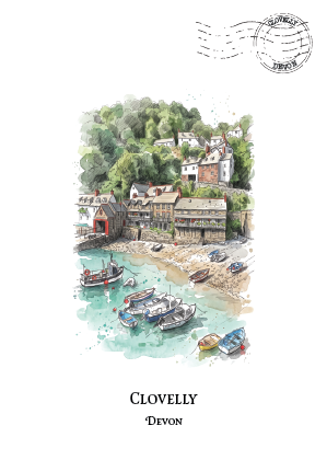 A watercolour-style illustration of a coastal village harbour labeled 'CLOVELLY DEVON,' with boats in turquoise water, buildings along the shore, and a hillside of green trees above. A postage stamp graphic appears in the top right on a white background.
