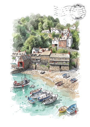 Watercolour-style illustration of a coastal village harbor with small boats on turquoise water, stone buildings, sandy beach, and a green hillside behind them. A postage stamp graphic appears in the upper right corner.