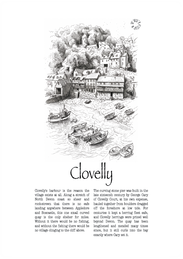 A black and white line art illustration of a harbour town labeled 'Clovelly' with a short descriptive text below, presented on a white background.