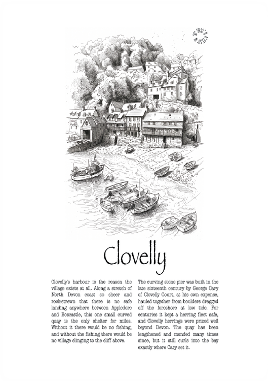 A black and white line art illustration of a harbour town labeled 'Clovelly' with a short descriptive text below, presented on a white background.