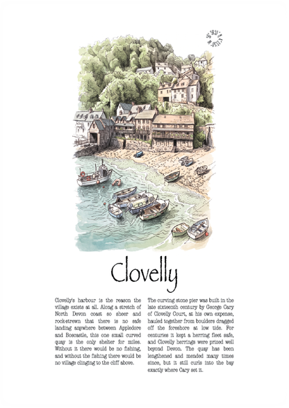 A vintage-style illustrated poster or print titled 'Clovelly' showing a coastal village scene with boats on the water, buildings along the shore, and a block of descriptive text below the illustration.