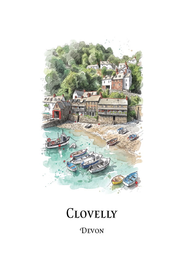 A watercolour-style travel art print of Clovelly, Devon, featuring a coastal harbour with small boats, stone buildings, and a green hillside. The text 'CLOVELLY' and 'DEVON' appears below the illustration on a white background.