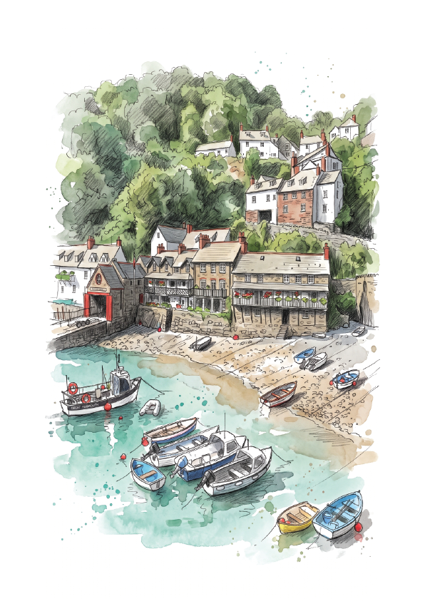 Watercolour-style illustration of a coastal harbour scene at Clovelly, Devon with small boats moored in turquoise water, stone buildings and a sandy beach, with a wooded hillside rising behind them.