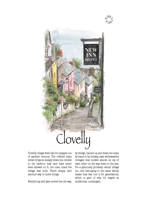 A travel poster print featuring a watercolour illustration of a quaint, colourful coastal village with a prominent 'New Inn Hotel' sign. Below the illustration, descriptive text begins with the heading 'Clovelly'.