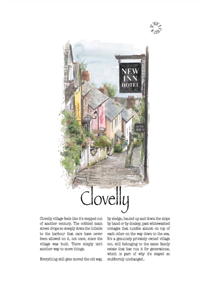 A travel poster print featuring a watercolour illustration of a quaint, colourful coastal village with a prominent 'New Inn Hotel' sign. Below the illustration, descriptive text begins with the heading 'Clovelly'.