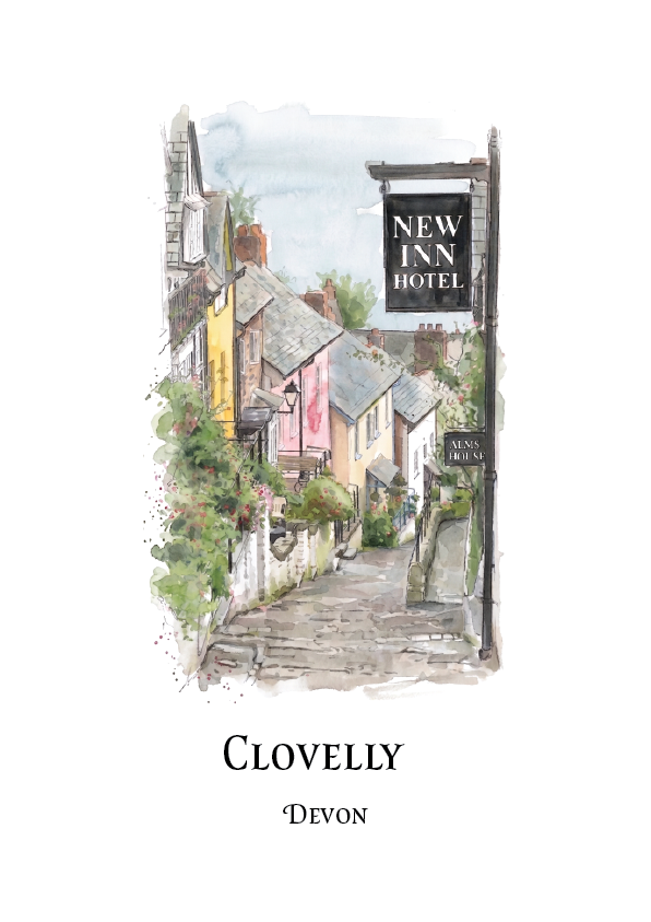 A watercolour-style travel art print of Clovelly, Devon, featuring a narrow cobblestone street lined with colourful houses and a hanging 'New Inn Hotel' sign. The print is presented on a white background with the text 'CLOVELLY DEVON' printed below.