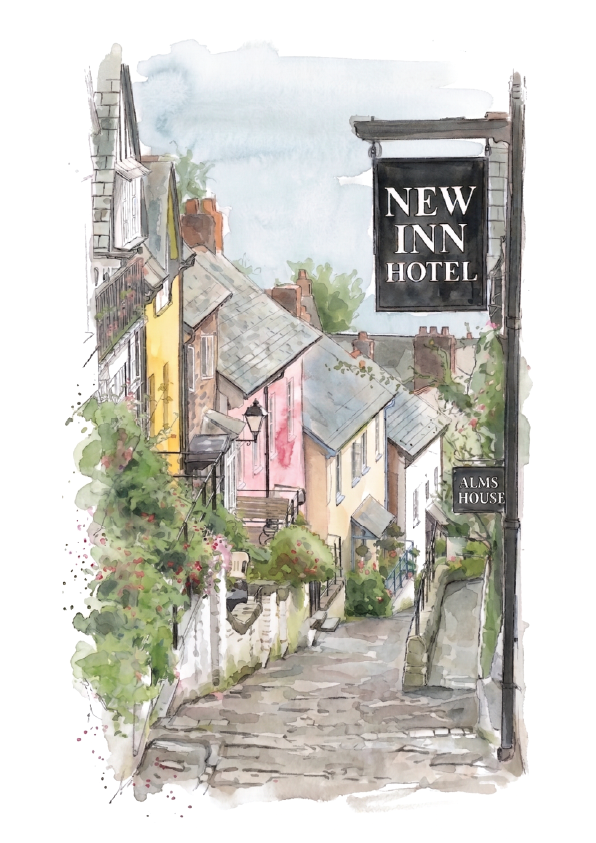 Watercolour painting of a quaint village street in Clovelly, Devon, with colourful old buildings, a stone path, and hanging signs including one that reads 'NEW INN HOTEL'.