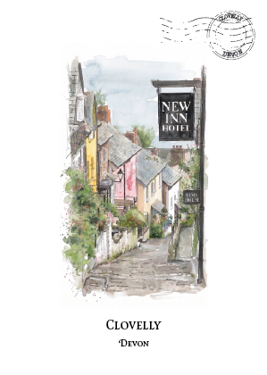 A watercolour-style travel art print of a narrow cobblestone street in Clovelly, Devon, with colorful buildings, a 'New Inn Hotel' sign, and a postmark graphic at the top, on a white background.
