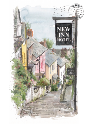 Watercolour-style illustration of a narrow cobblestone street in Clovelly, Devon,  lined with old buildings, featuring a hanging sign that reads 'NEW INN HOTEL' and a postage stamp graphic at the top right.