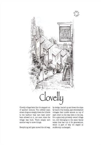 A black and white travel sketch poster of the village of Clovelly, featuring a detailed illustration of the street with a 'New Inn' sign, accompanied by descriptive text below.