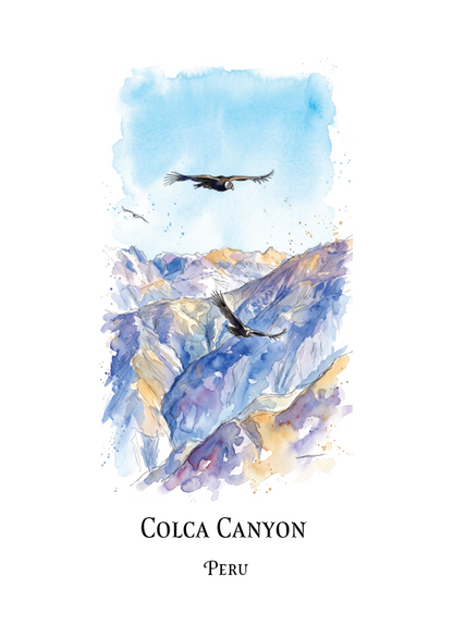 A vertical watercolour-style art print featuring a mountain canyon scene with two birds flying above purple, blue, and gold-toned peaks. The print is centered on a white background with the text 'COLCA CANYON' and 'PERU' below the artwork.