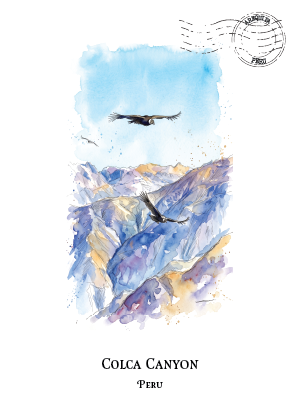 Watercolour-style travel art print of Colca Canyon in Peru, featuring blue and purple canyon walls with Condors and a light blue sky, plus a circular stamp graphic at the top and the text 'COLCA CANYON PERU' below.