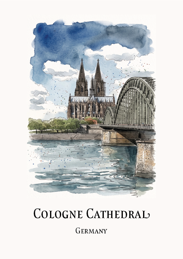 Watercolour-style travel art print of Cologne Cathedral in Germany, showing the cathedral spires, a bridge over the river, and rippling water, with the text 'COLOGNE CATHEDRAL' and 'GERMANY' below on an off-white background.