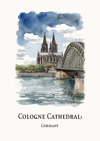 Watercolour-style travel art print of Cologne Cathedral in Germany, showing the cathedral spires, a bridge over the river, and rippling water, with the text 'COLOGNE CATHEDRAL' and 'GERMANY' below on an off-white background.