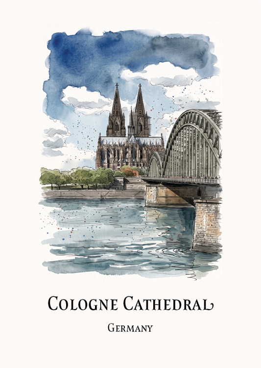 Watercolour-style travel art print of Cologne Cathedral in Germany, showing the cathedral spires, a bridge over the river, and rippling water, with the text 'COLOGNE CATHEDRAL' and 'GERMANY' below on an off-white background.