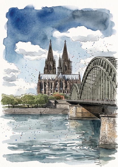 Watercolour and ink illustration of Cologne Cathedral with the Rhine River, a stone bridge in the foreground, and a blue sky with white clouds.