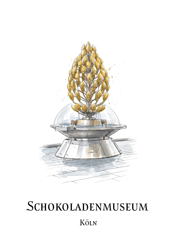 A travel poster or art print featuring a hand-drawn illustration of the Schokoladenmuseum in Koln, Germany. The illustration depicts a silver pedestal with a dome and a tree of golden chocolates.