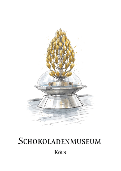 A travel poster or art print featuring a hand-drawn illustration of the Schokoladenmuseum in Koln, Germany. The illustration depicts a silver pedestal with a dome and a tree of golden chocolates.