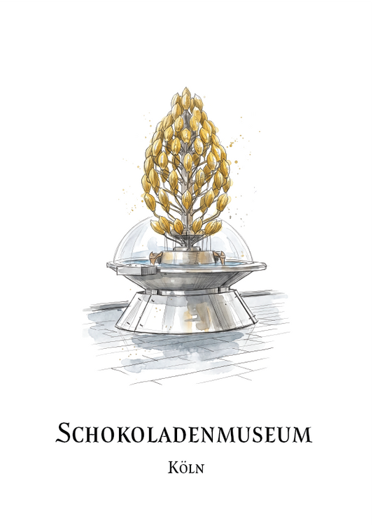 A travel poster or art print featuring a hand-drawn illustration of the Schokoladenmuseum in Koln, Germany. The illustration depicts a silver pedestal with a dome and a tree of golden chocolates.